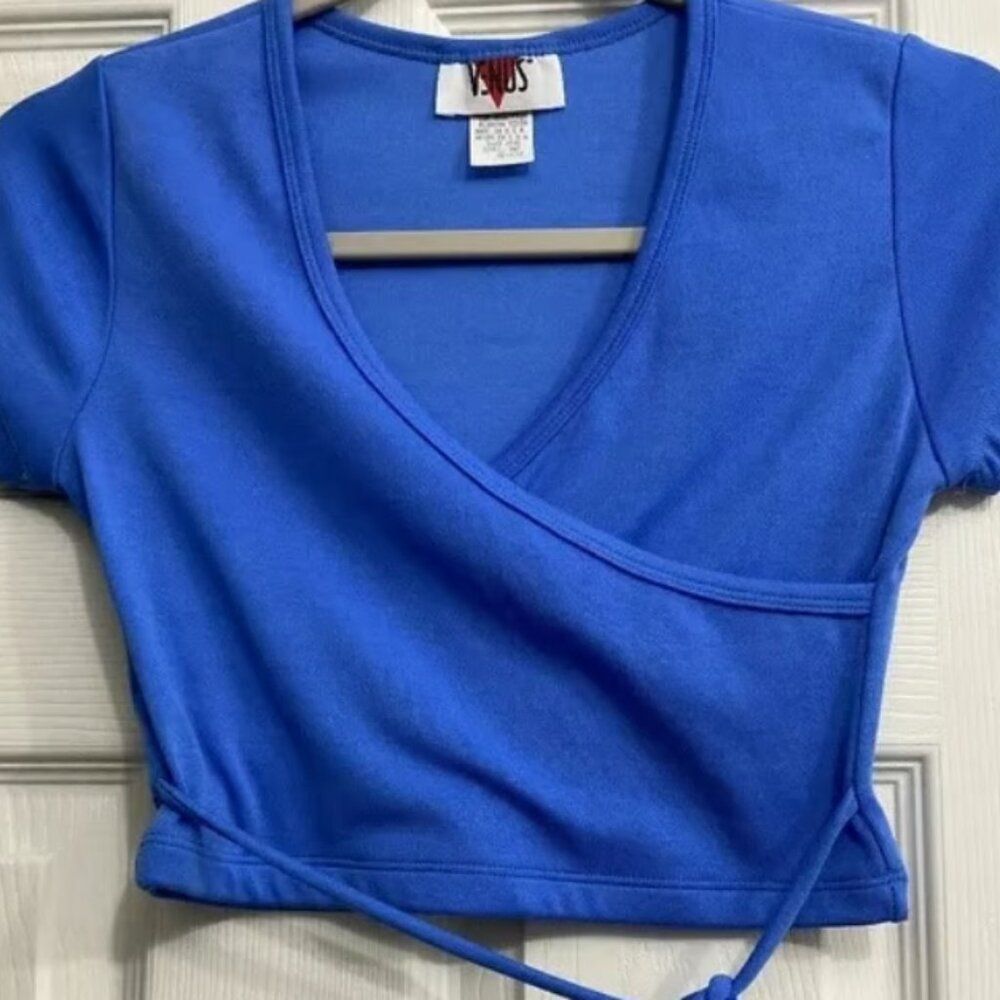 VINTAGE Venus swimwear blue crop top crossover front tie sexy shirt Small